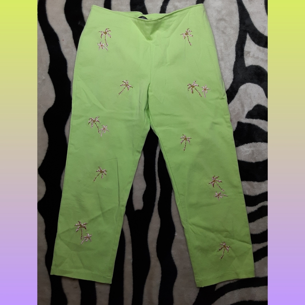 Green and pink capris with pink palm trees